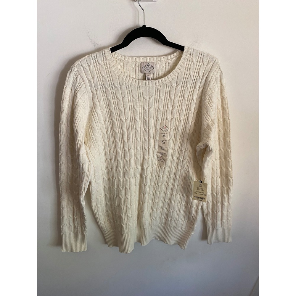 St Johns Bay Womens XL Ivory Cable Knit‎ Crewneck Sweater Cotton Blend NWT